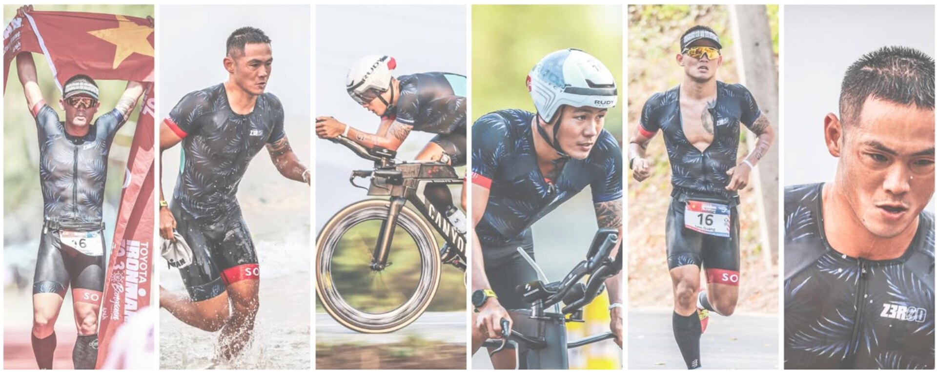 Lâm Quang Nhật — sáu khung hình từ phần bơi SEA Games, phần chạy IRONMAN, phần đạp xe và chân dung