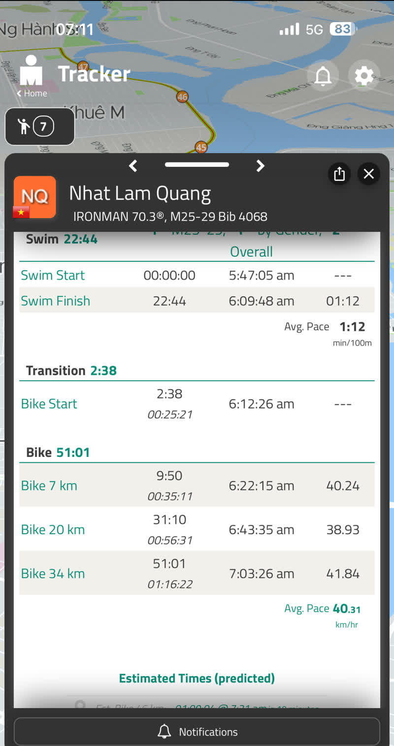 Nhật's split sheet through Bike 34 km — swim 22:44 · T1 2:38 · 7 km 9:50 · 20 km 31:10 · 34 km 51:01