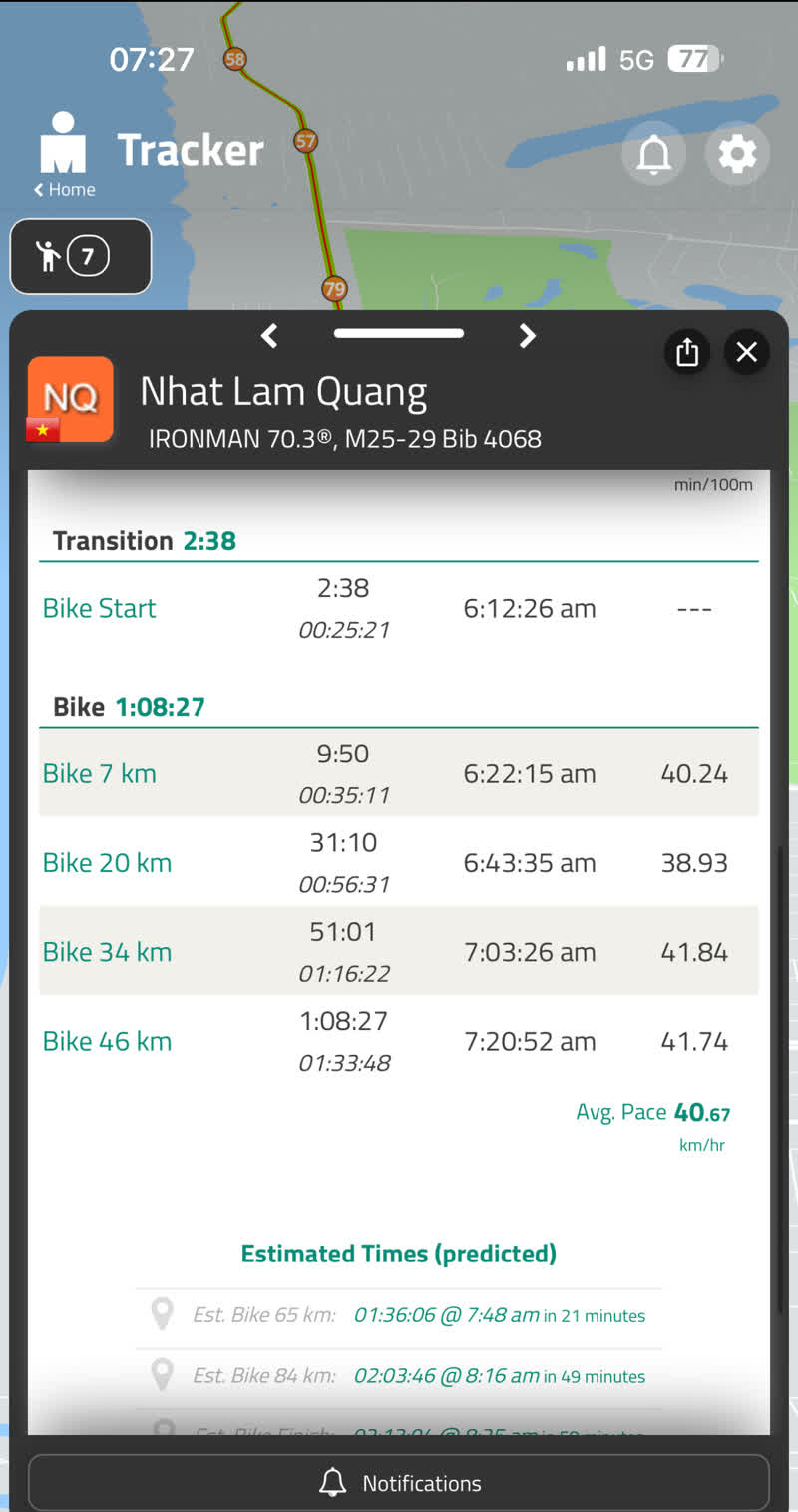 Nhật's split sheet through Bike 46 km — 7:20:52 arrival, average pace 40.67 km/h