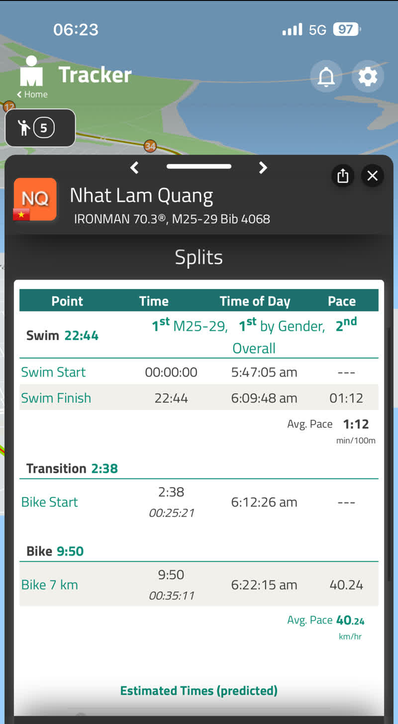 Nhật's split sheet — swim 22:44, T1 2:38, bike 7 km in 9:50