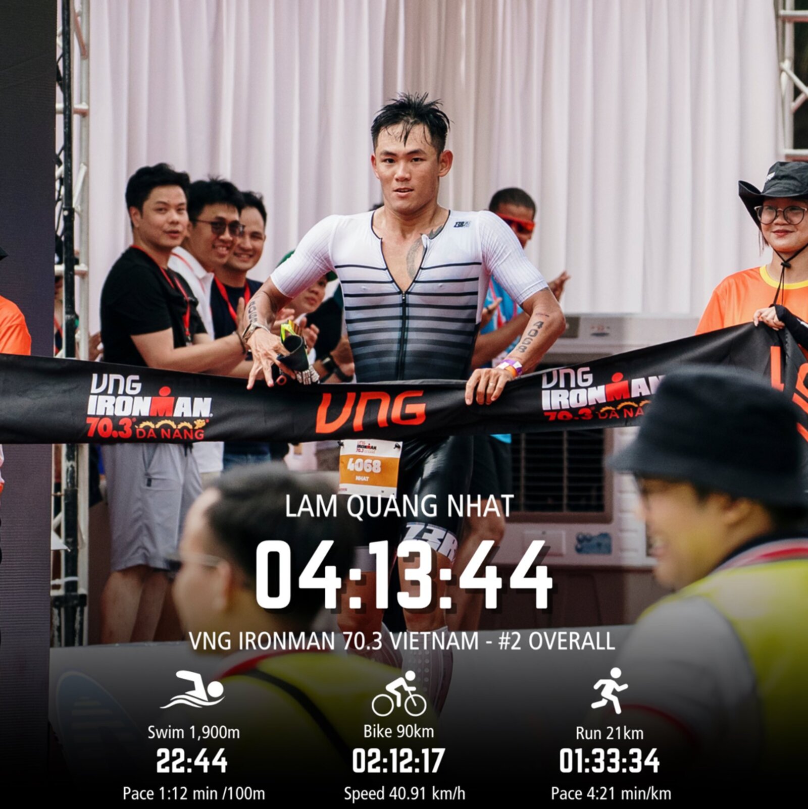 Lâm Quang Nhật breaking the VNG IRONMAN 70.3 Vietnam tape — 4:13:44, #2 Overall, splits 22:44 / 2:12:17 / 1:33:34